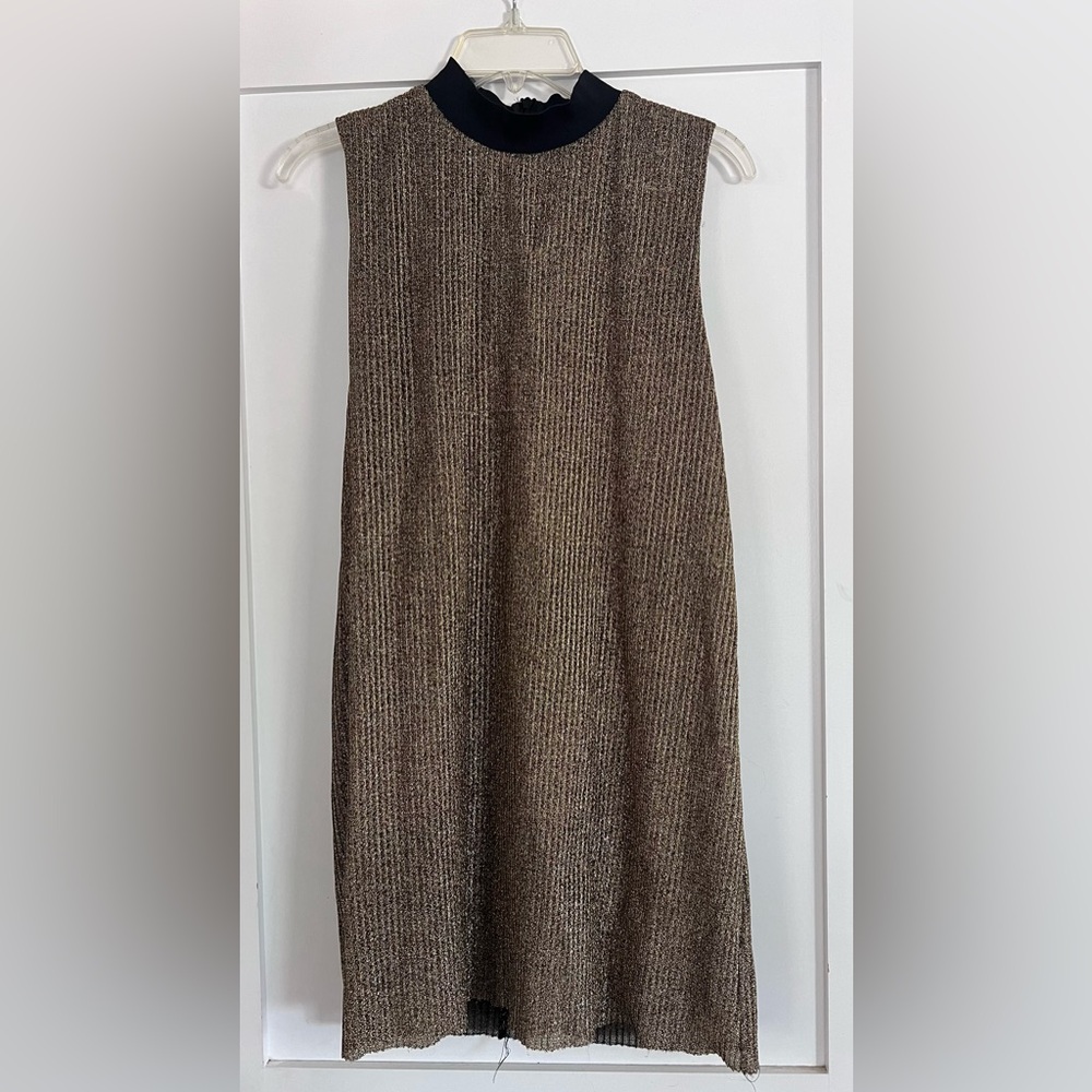 ZARA Gold Lurex Sleeveless Dress with Black Neck detailing.